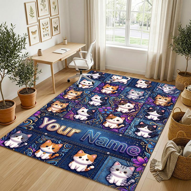 Cat Theme Crystal Velvet Rug Personalized Custom Name Text Soft Floor Mat Home Decor
