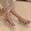 High-heeled sandals girl 2025 new summer with skirt thick-heeled crystal beautiful French fairy cool slippers outside