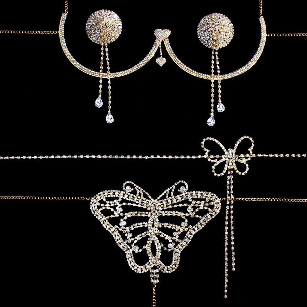 Light luxury butterfly sexy rhinestone chest support waist chain underpants four piece set nightclub charm women's body chain