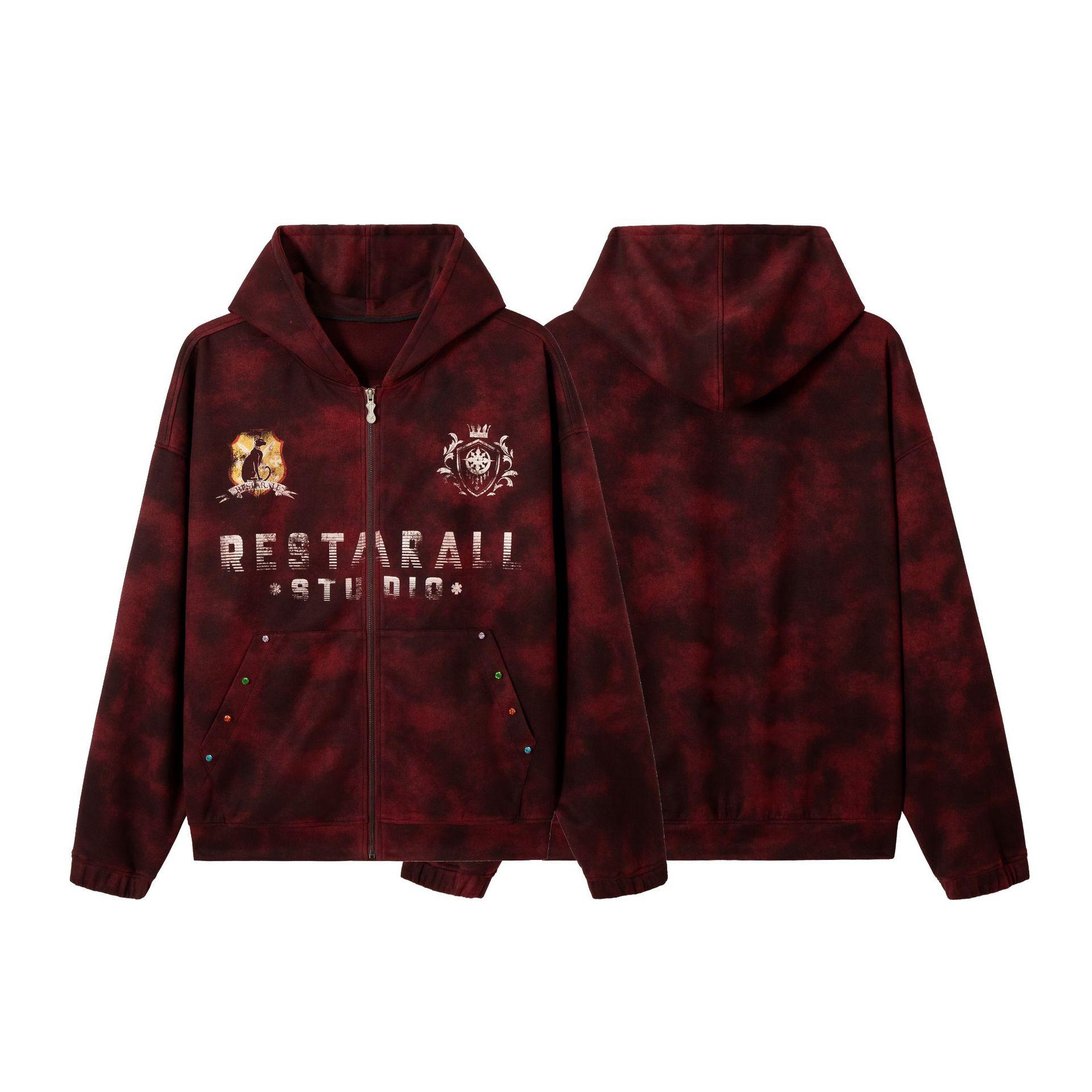 Men s autumn new American badge street hoodie wasteland tie-dye cardigan zipper sweater M бордовый