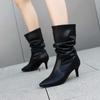 Chic Boots 2026 Womens Slouchy Mid Calf Boots Stiletto High Heel Leather Booties Pointed Toe Pull On Fall Winter Shoes For Women