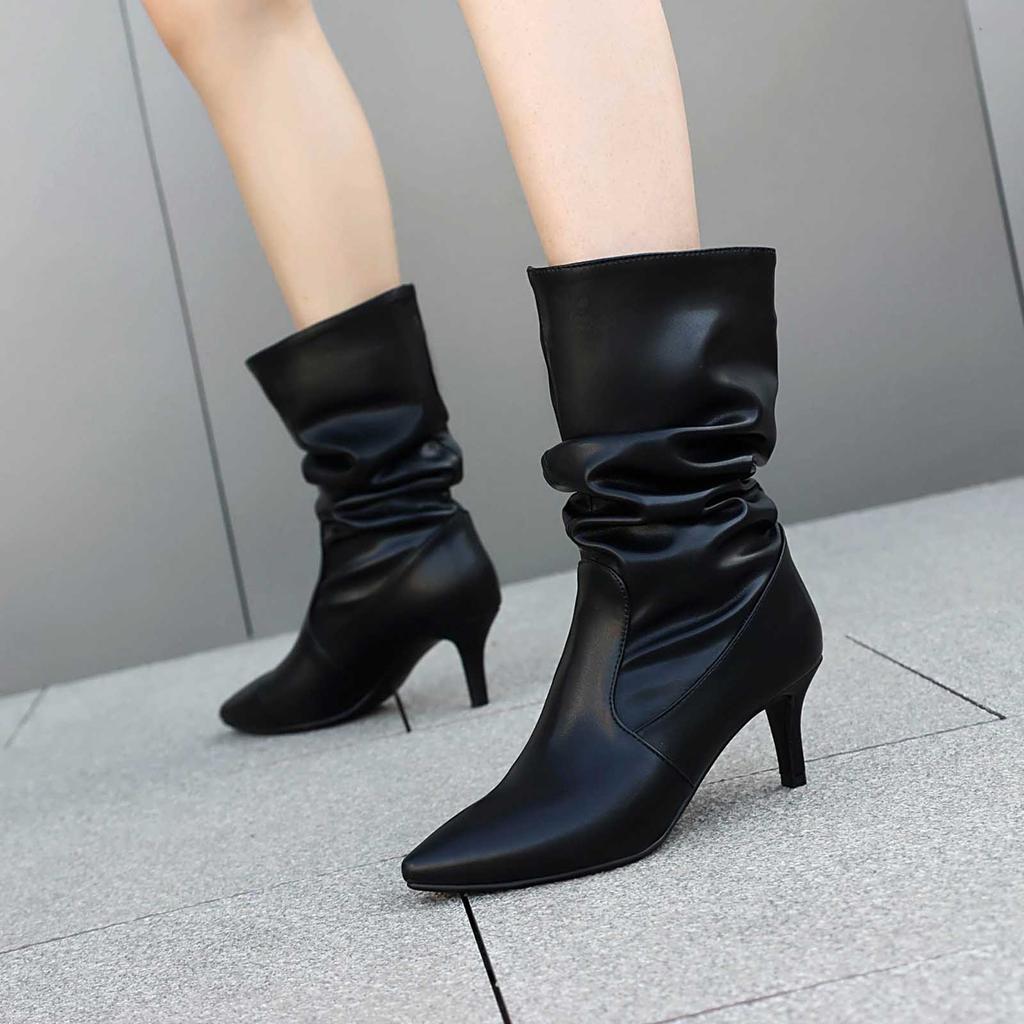 Chic Boots 2026 Womens Slouchy Mid Calf Boots Stiletto High Heel Leather Booties Pointed Toe Pull On Fall Winter Shoes For Women