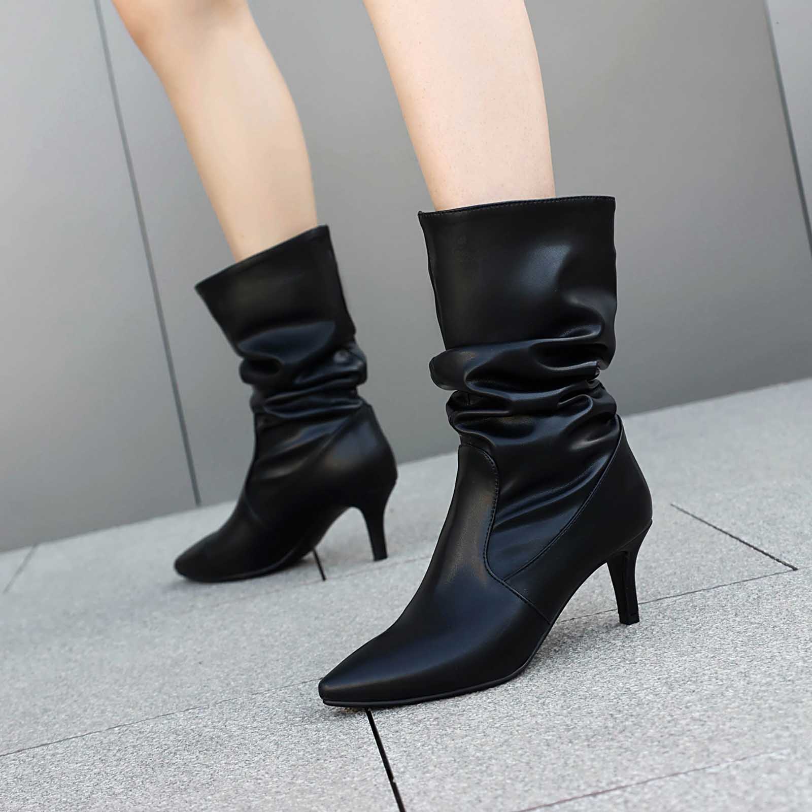 

Chic Boots 2026 Womens Slouchy Mid Calf Boots Stiletto High Heel Leather Booties Pointed Toe Pull On Fall Winter Shoes For Women 39 чорний