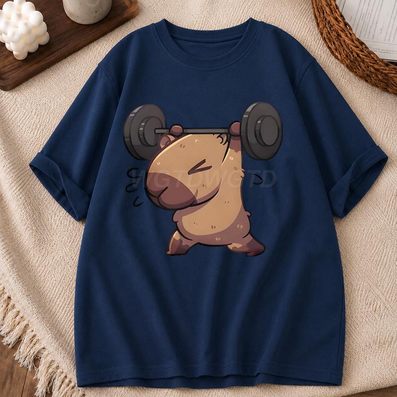 Capybara Print Unisexs Tshirt Round Neck Short Sleeves Hiphop Top Funny Capybara Lifting Print Tshirts Gym Lover Streetwear Tops
