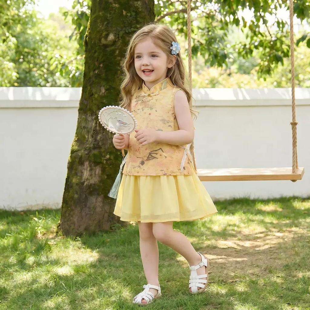 Girls Summer New Chinese Qipao Dress Traditional Print Sleeveless Vest Cheongsam Party Dress For Kids