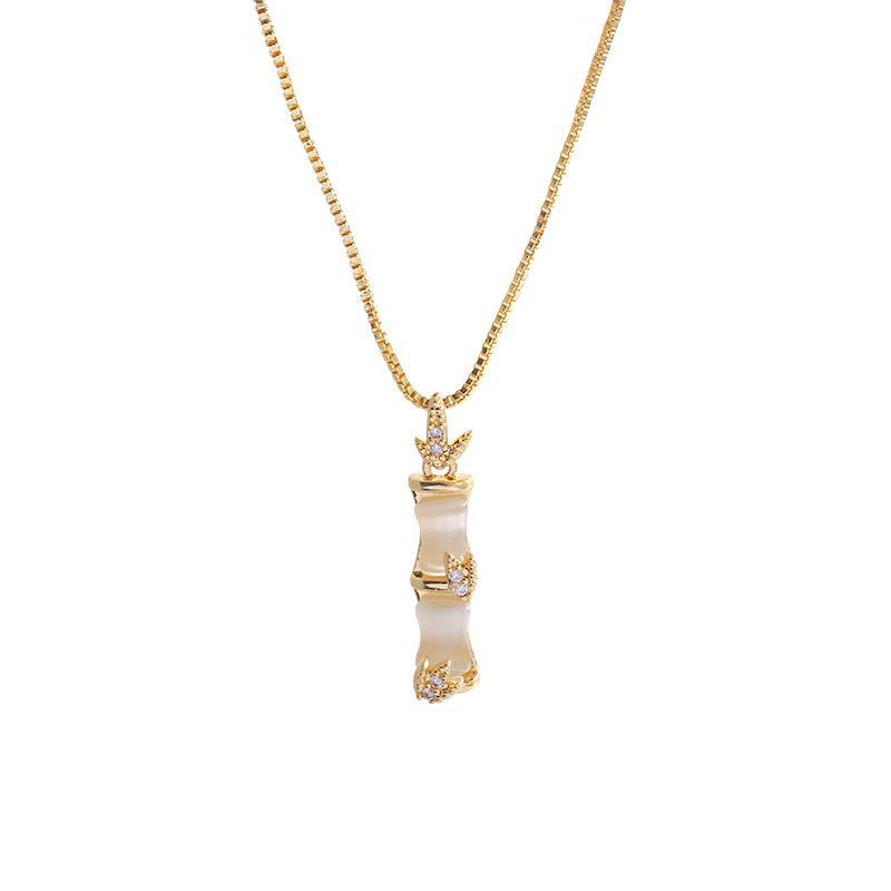 Trendy Bamboo Titanium Steel Necklace with Cat's Eye Stone – High-End, Luxurious Clavicle Chain for Women