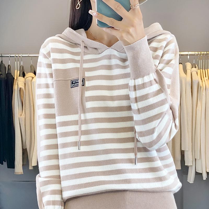 Autumn Fashion Hooded Sweater Women's Striped Colorblocking Casual Hooded Knit Top