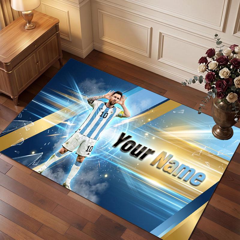 Tappeto Personalizzato in Velluto di Cristallo Lionel Messi, Stampa Testo Nome Personalizzato, Logo Calcio Morbido Antiscivolo Tappetino per Pavimento Decorazione Casa Regalo