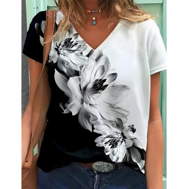 Spring Summer Pullover Abstract Retro Printed Street Short Sleeve Multicolour Loose Fit V-Neck T-Shirt