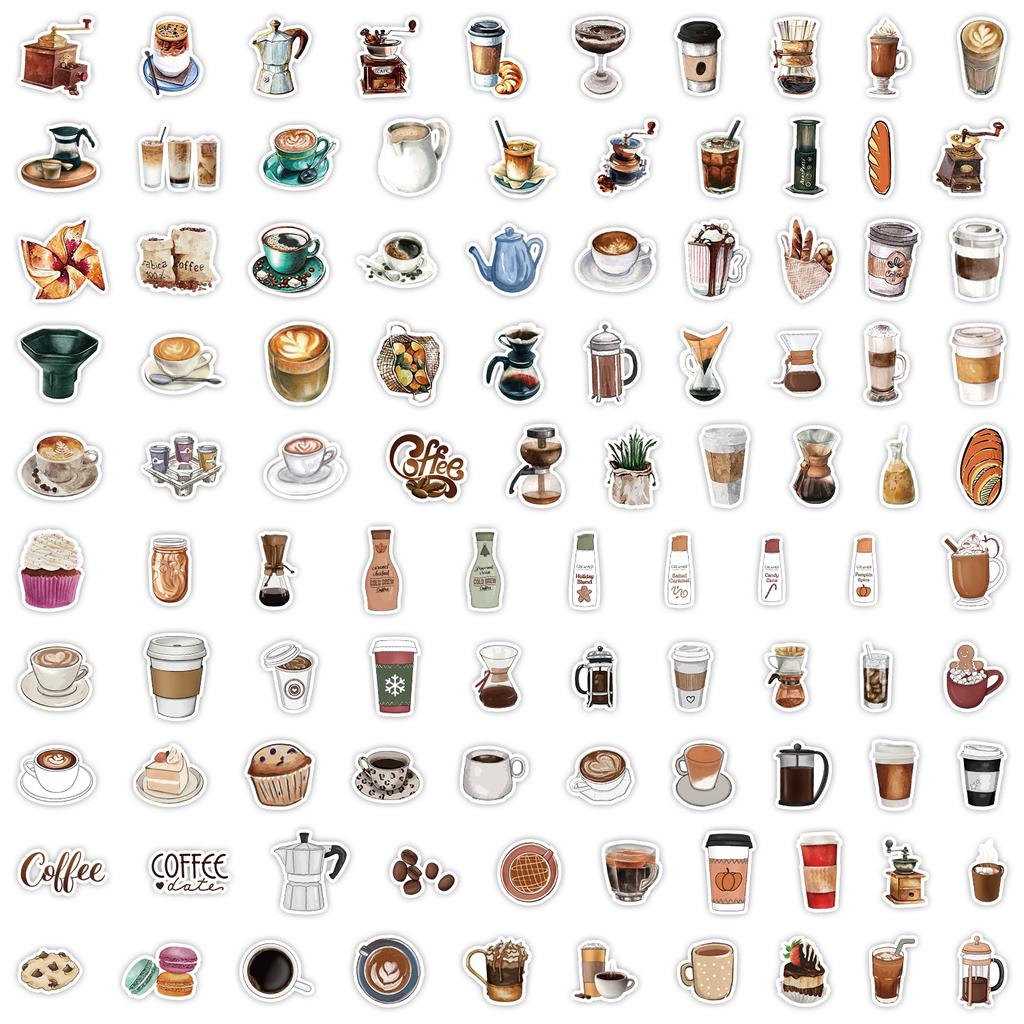 100 Coffee Doodle Stickers Skateboard Suitcase Water Cup Decoration Stickers Waterproof Children Cartoon Stickers