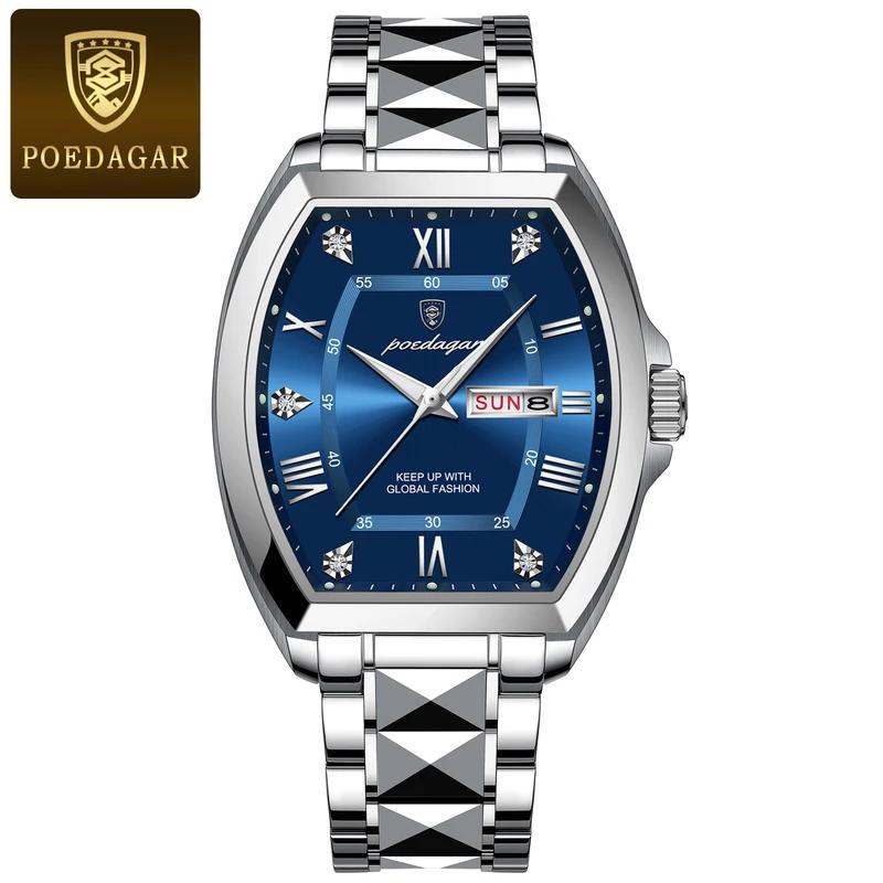 POEDAGAR Stainless Steel Watch Men Luxury Brand Business Luminous Waterproof Male Clock Tonneau Case Calendar Men Quartz Wristwatches