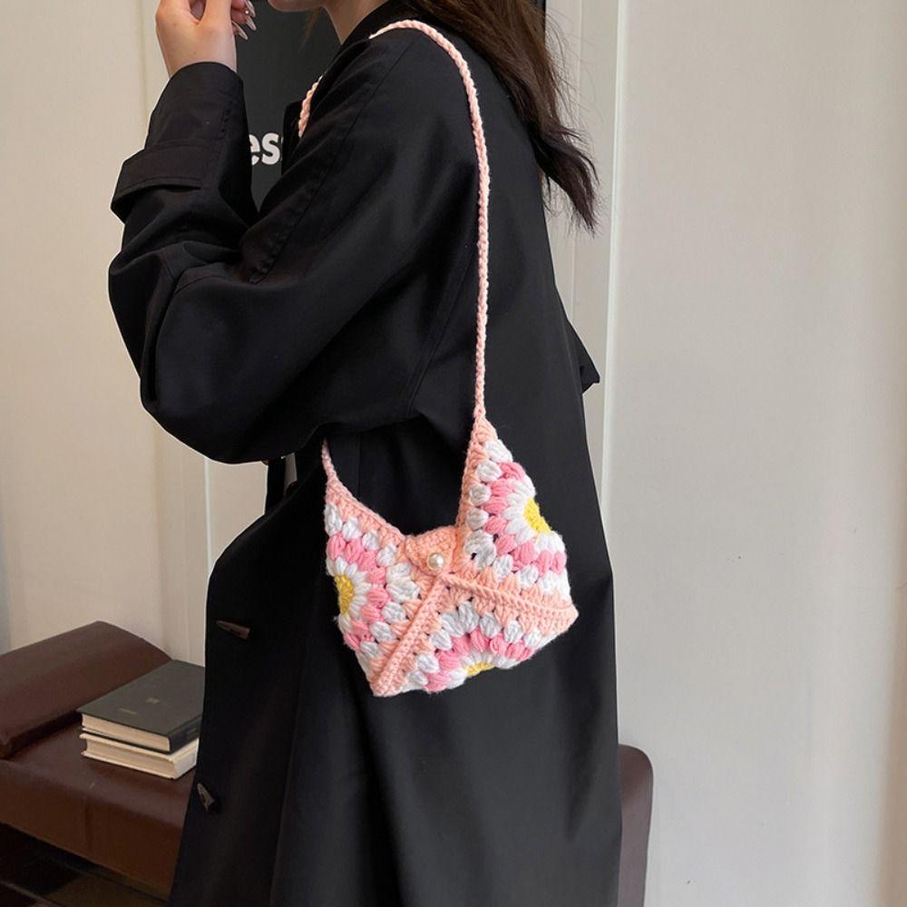 Shoulder Bag Crochet Flower Knitted Bag Bohemian Hollowed Out Weave Bag Storage Bag Large Capacity Crochet Crossbody Bag Travel