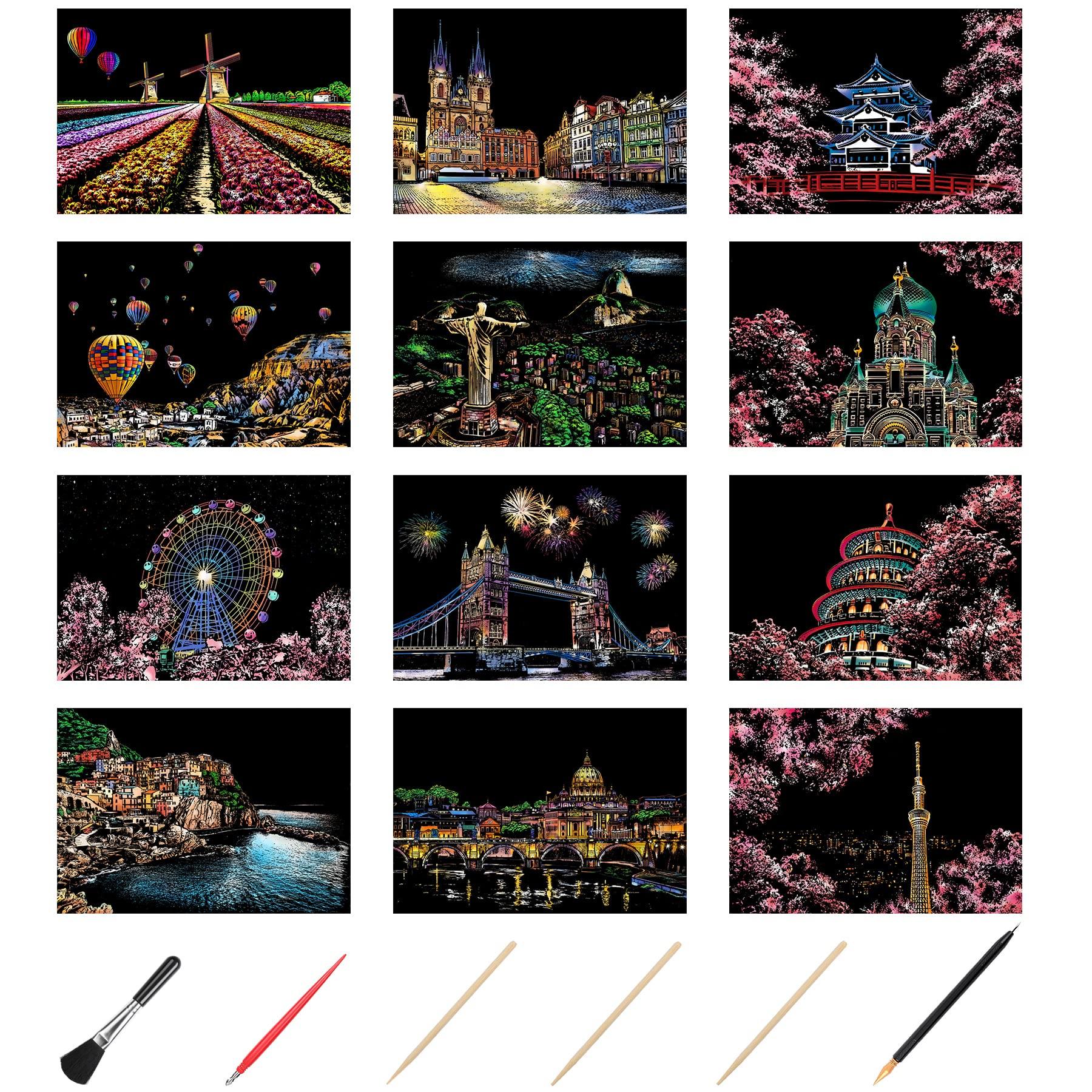 

JANLOFO Scratch Paper Set for A4 with Scratch Art Handmade Room City and Cherry Blossom Design 12-Piece Adults, Size, Pen, Gift, Decor,