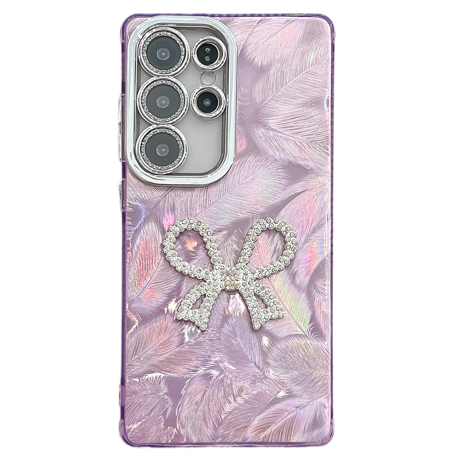 

For Samsung Galaxy S23 Ultra Case Big Bow Decor IMD PC+TPU Phone Cover with Glass Lens Film Feather Pattern/Purple