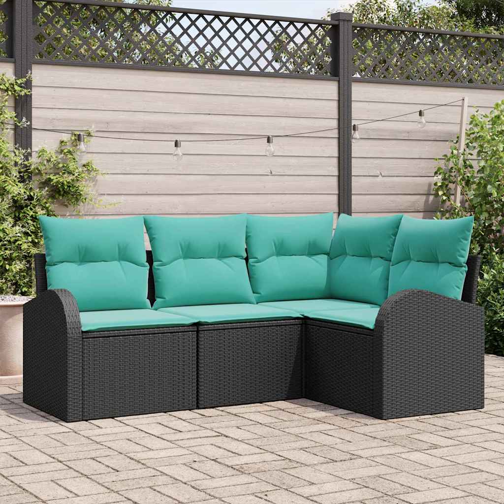 Garden Sofa Set with Cushions 4 pcs Black and Turquoise Poly Rattan