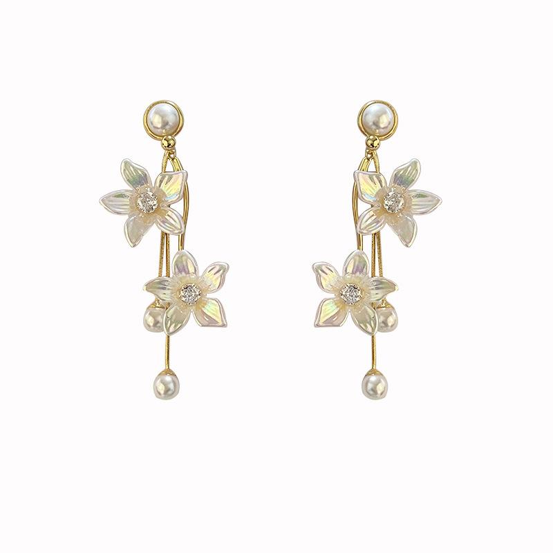 Silver Needle Diamond Flower Pearl Fringed Earrings Mori Temperament Gentle Earrings Niche Premium Simple Earrings Women