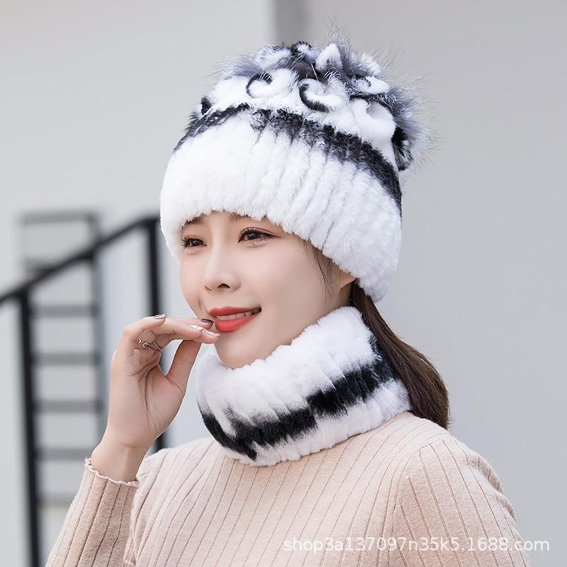 New Rex Rabbit Hair Knitted Hat Women's Autumn and Winter Thickened Ear Protection Warm Elastic Knitted Fur Hat Scarf