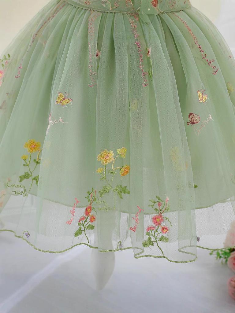 2025 Summer Girls' Embroidered Mesh Camisole Princess Dress - Floral Gauze Skirt