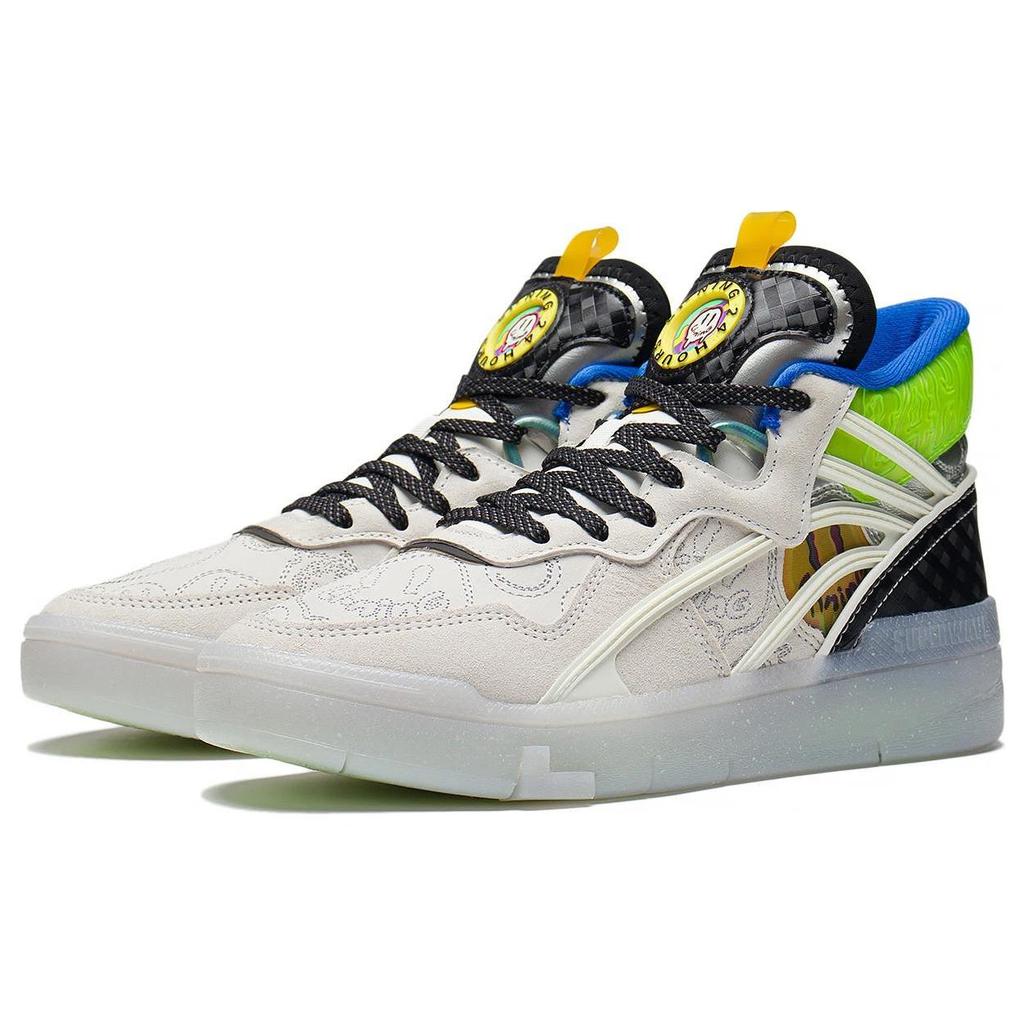Li Ning Wave Mid Party Slip Resistant Abrasion Resistant Mid top Skateboard Shoes Women's White Black Blue AGCS284-1
