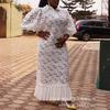 Women's Polo Neck Three Quarter Sleeve Maxi Dress Loose Fit Mid Waist Elegant Floral Embroidery Lace Shirt Dress