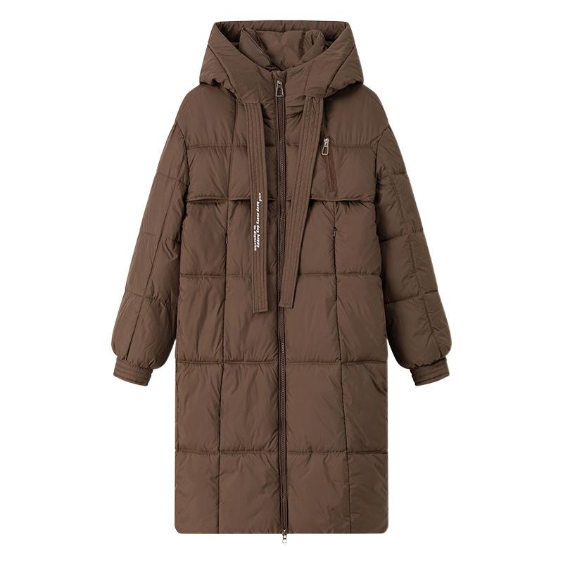 Over-the-knee Cotton-padded Women's Extended New Loose Padded Cotton-padded Jacket Winter Ladies Ribbon Hooded Coat.