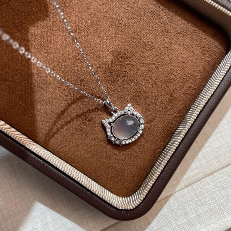 

S925 Sterling Silver Cute Cat Chalcedony Clavicle Necklace for Women 925 Silver