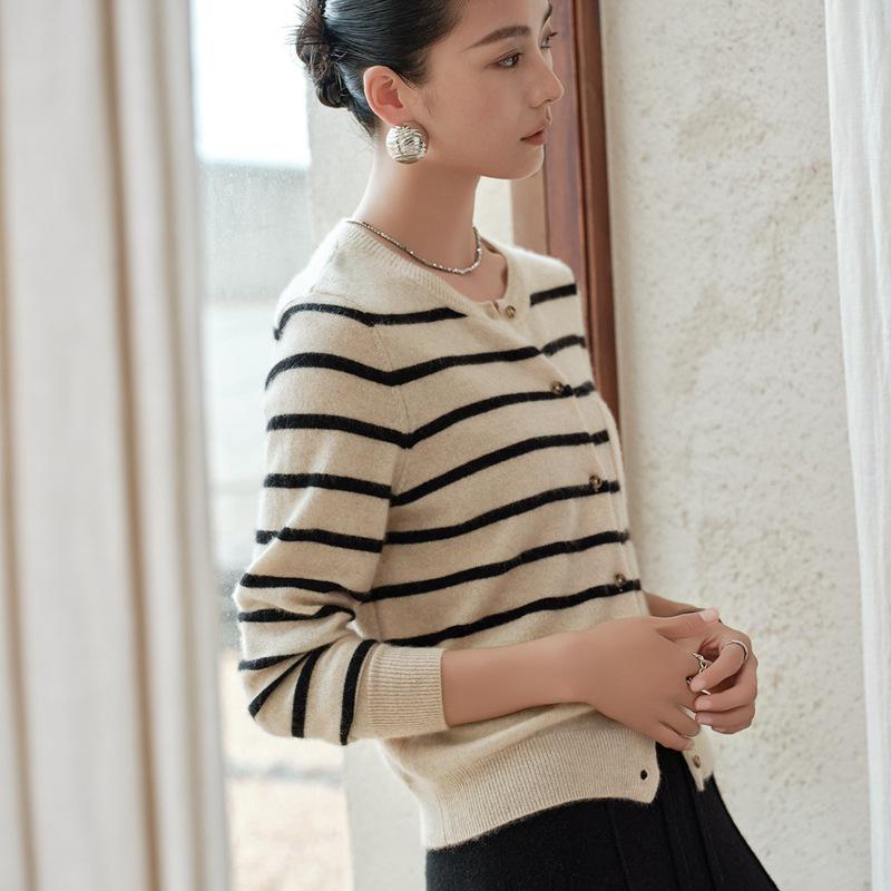 Women's 100% Pure Cashmere Striped Cardigan with Pockets and Buttons, Round Neck Sweater Outerwear
