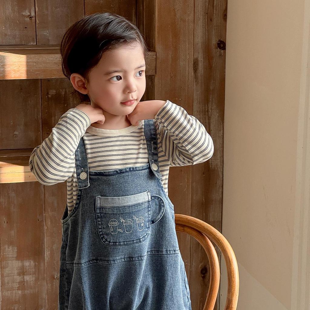 Spring 2026 Korean Style Boys' Striped Base Layer Denim Overalls Set