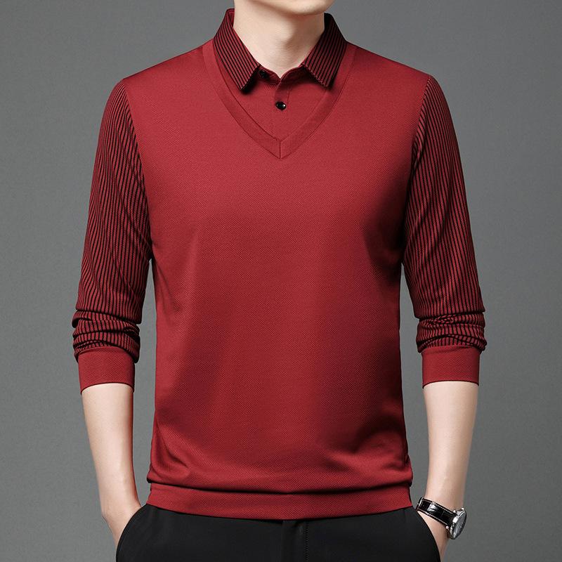 Popular Fake Two-piece Thin Long-sleeved Men's Shirt Collar Spring Autumn New Striped Casual Tees Bottoming Shirt T-shirt