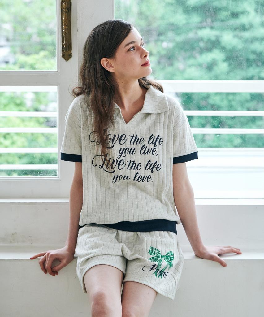 Metapeo Met Summer Knit Ribbon Print Short Sleeve Shorts Set