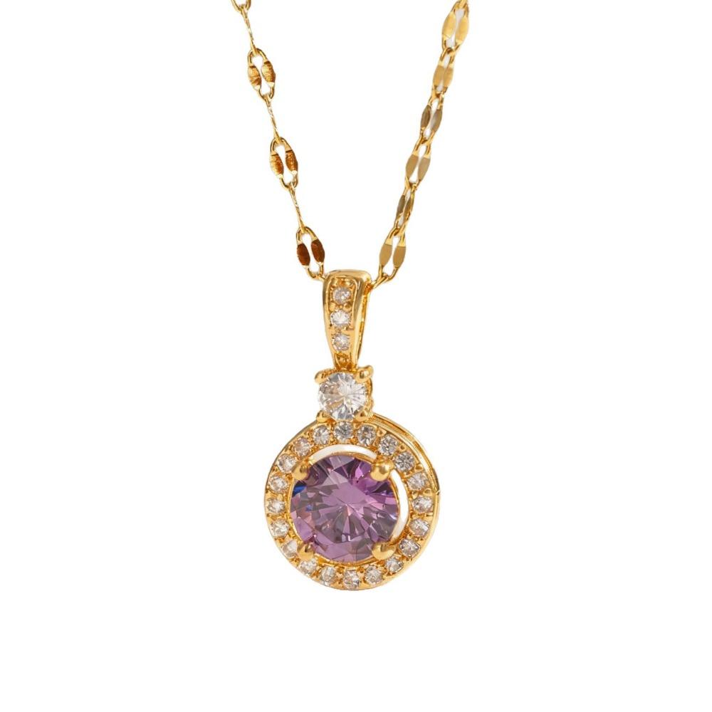 Luxury Romantic Purple Crystal Zircon Flowers Pendant Necklace for Women Bride Wedding Gold Color Stainless Steel Jewelry Gift