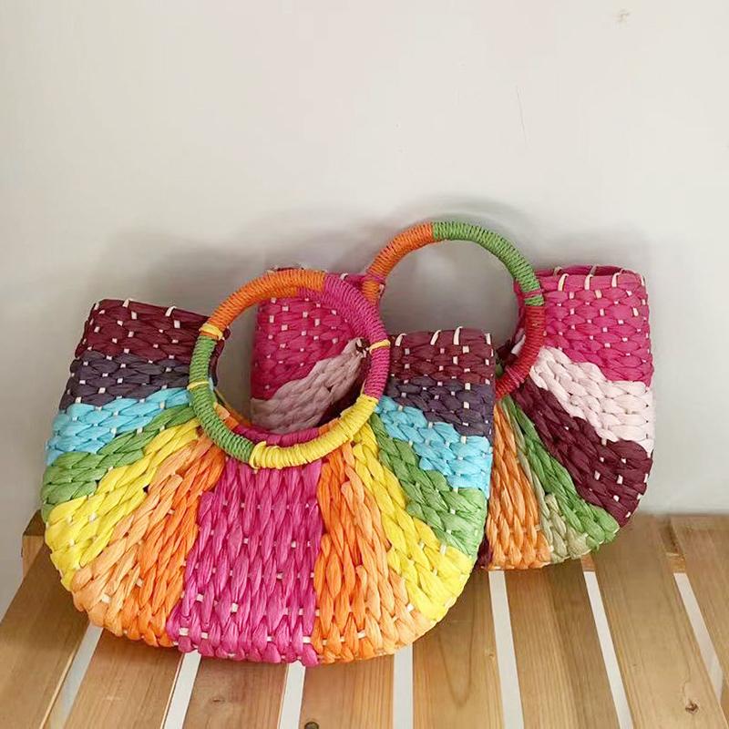 Yogodlns Straw Bag Women Hand-Woven Handbags Moon Shape Rattan Tote Bag Big Capacity Top-handle Bag