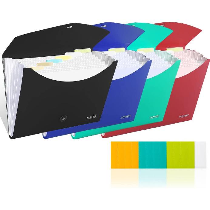 Accordion File Organizer with 7 Pockets (Pack of 4), TRANBO Letter Size/A4 Expanding File Folder with Index Tabs, Expandable Plastic Document 4