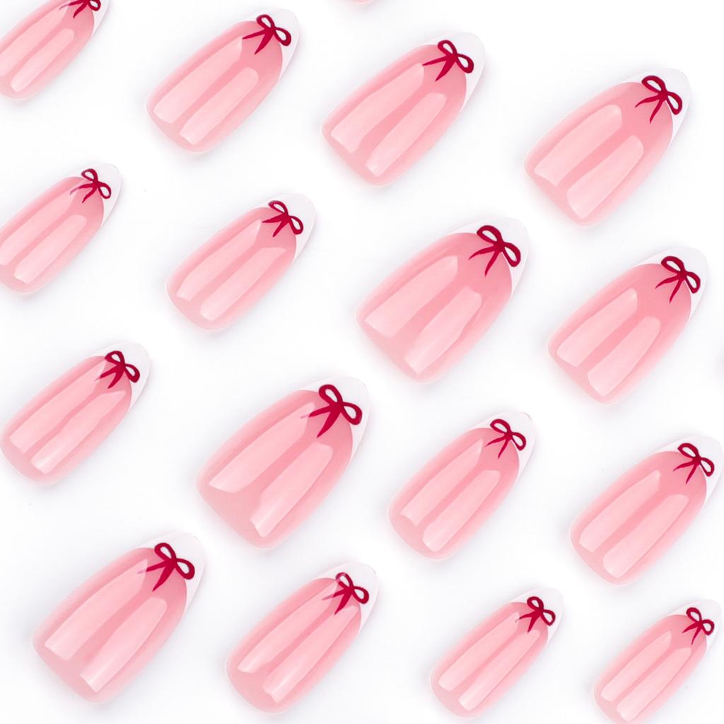 24 Pieces New Simple French White Edge Manicure Valentine's Day Wear Nail Red Bow Repeatable Nail Piece