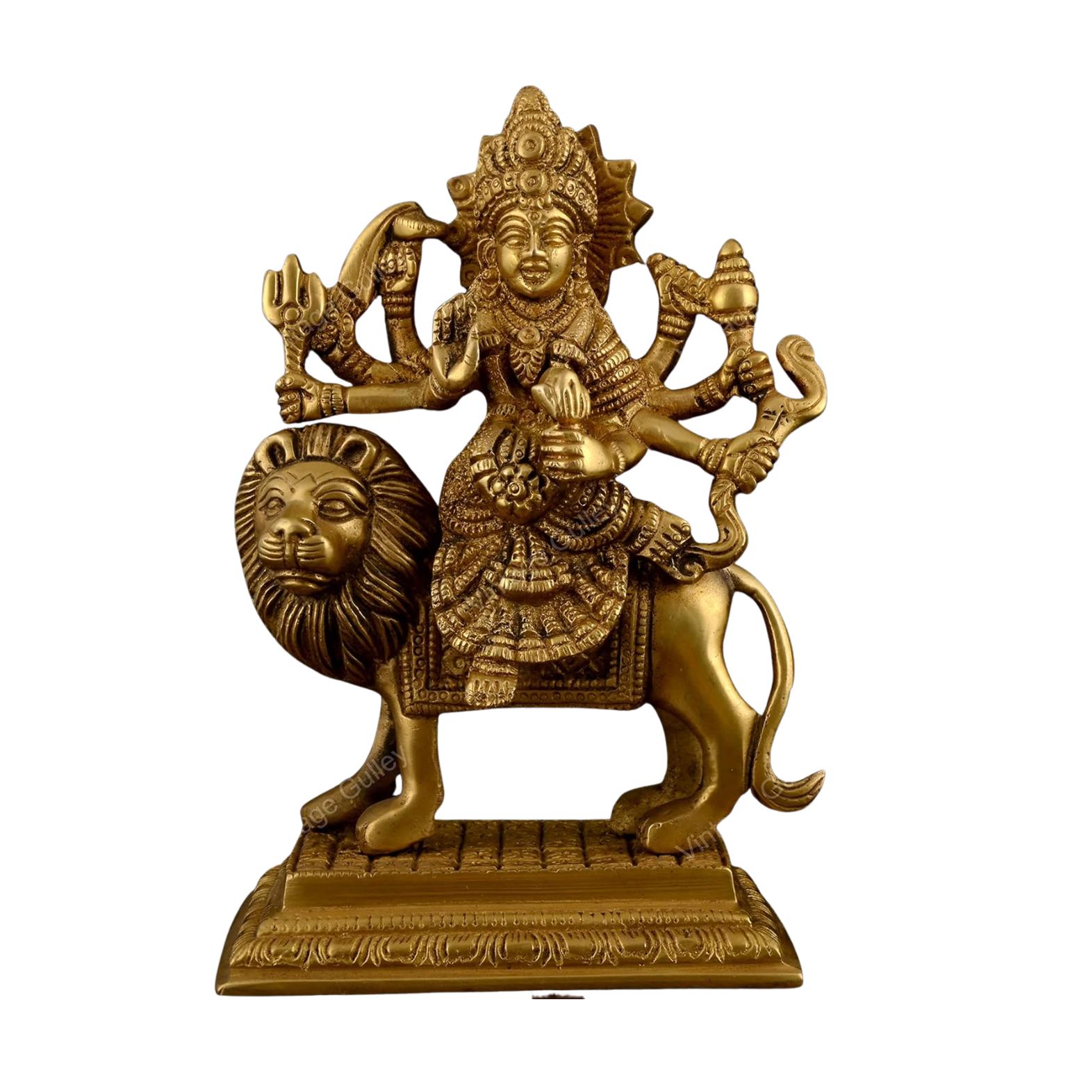 Pure Brass Durga Idol Sitting On Lion, Religious Idol, Goddess Maa Durga, Gold