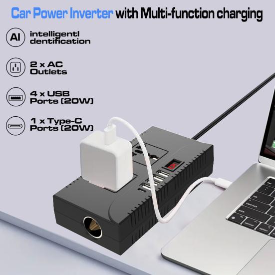Car Power Inverter Overload Protection Universal USB-C Fast Charging Portable Car Charger with Switch Control Converter