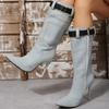 Autumn and Winter Fashion Pocket Boots Large Size Pointed Denim Medium Boots Belt Buckle Thin Heel Super High Heel Long Tube