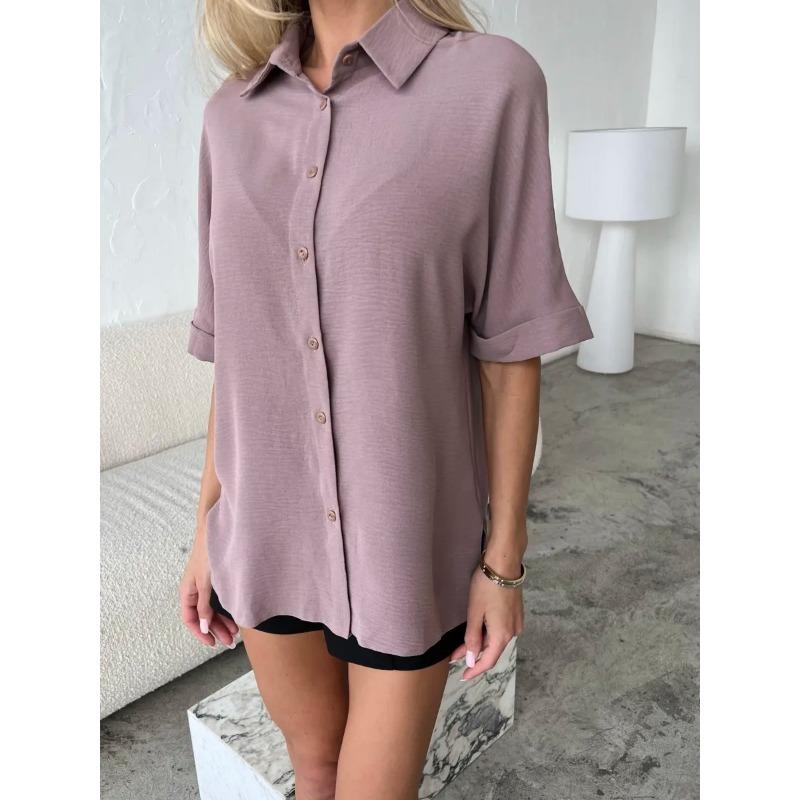 

Fashion Short Sleeved Loose Summer Women Shirt Casual Lapel Solid Color Office Lapel Blouse Elegant Simple Female Basic Female Clothing Tops XXL