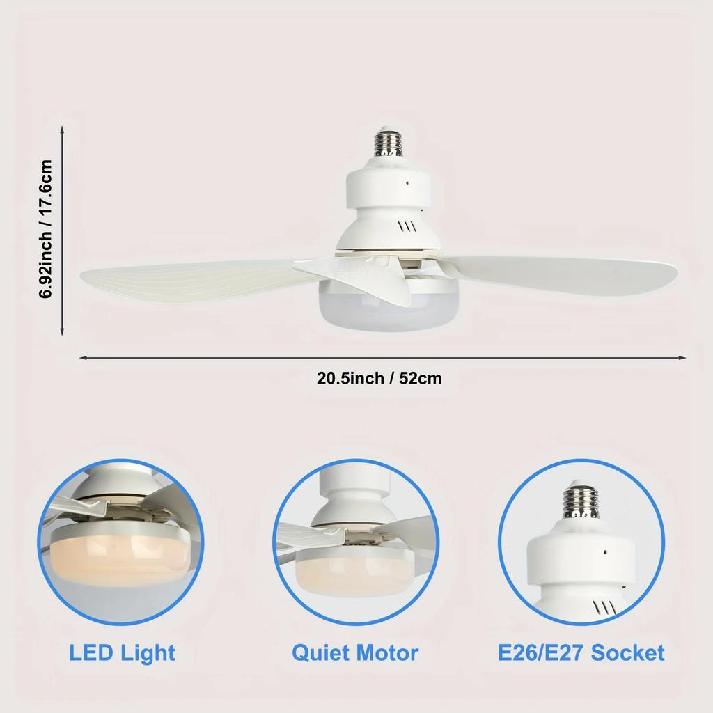 Socket Fan Light with Remote, 20.5in Small Ceiling Fan with LED, E26/27 Cordless Light Screw Fan for Kitchen Bedroom, Small Room
