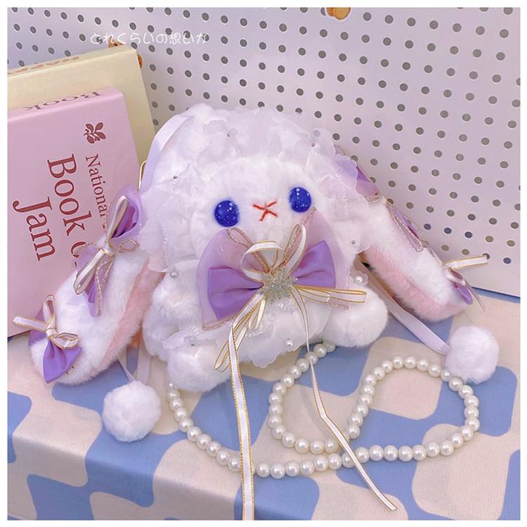 Lolita Bag Handmade Lolita Handmade Rabbit Bag Drawstring Diagonal Span Can Be Double Shoulder Large Capacity Pearl Plush Female Cute