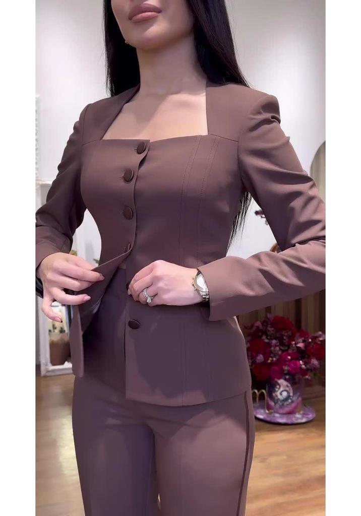2024 European & American Spring/Summer Women's Elegant Suit: Square Neck Top & Straight-Leg Pants