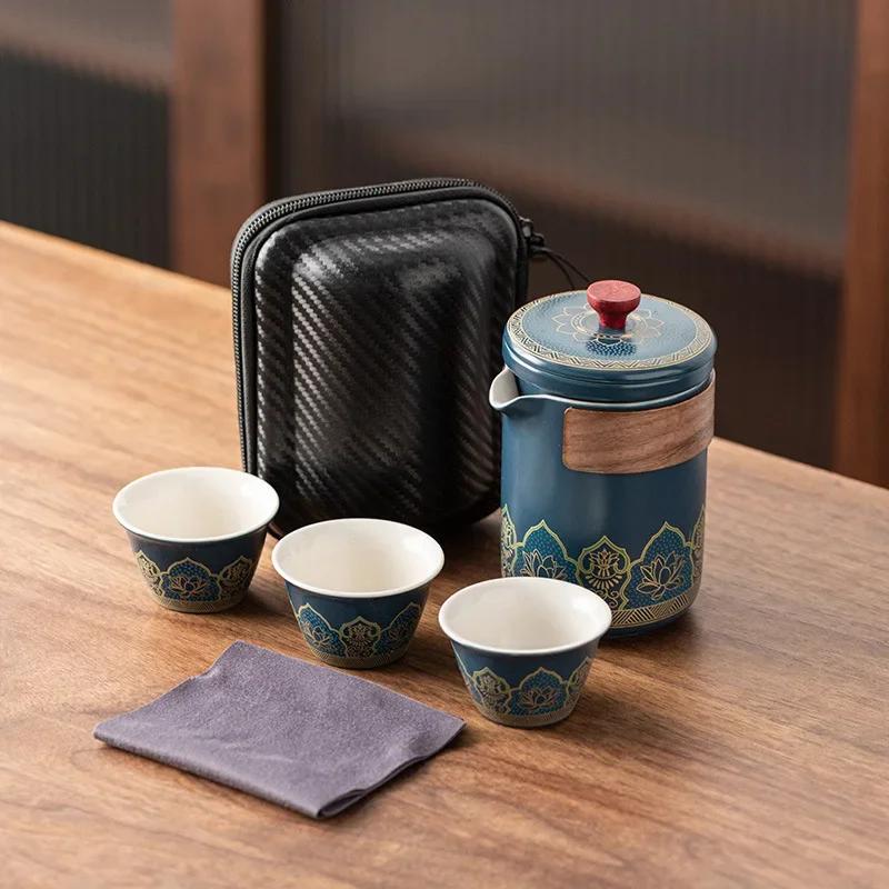 

Travel tea set small portable outdoor tea bag ceramic one pot three cups convenient to carry tea set