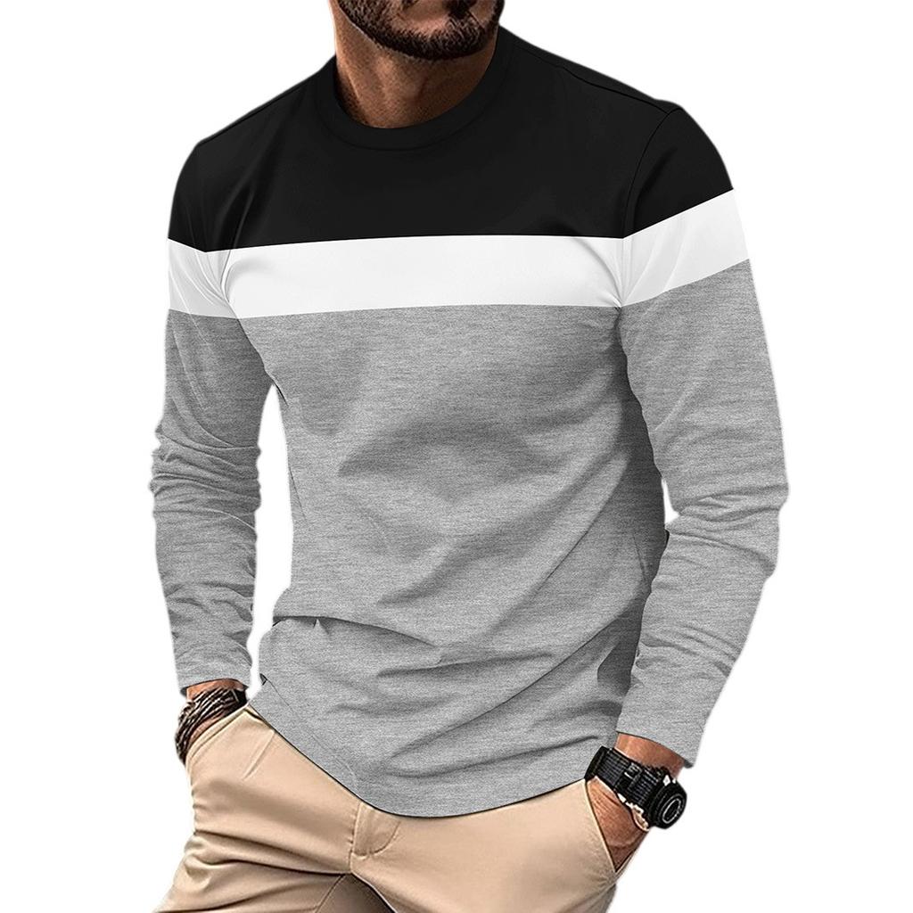 Men'S Outdoor Casual Loose Round Neck T-Shirt Color Block Long Sleeve Undershirt Spring Autumn Fashion Anti Wrinkle Pullover