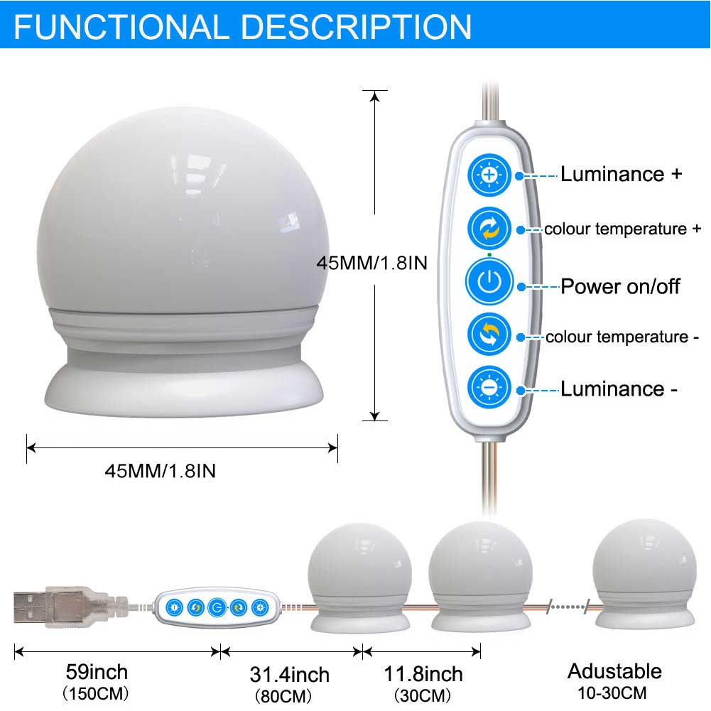 10Pcs USB LED 5 Color Temperature Light Bulb for Makeup Beauty Tabletop Vanity Mirror