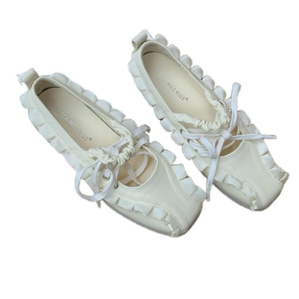 In-Stock 2025 Women's Korean Ballet Flats - Square Toe, Lace-Up, Low-Top Leather Sneakers