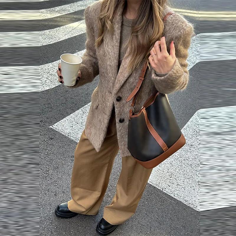 Women's Fashion Lapel Mid-length Suit Coat Autumn Casual Commuting Warm Jacket Elegant Long Sleeve Loose Blazer Coat