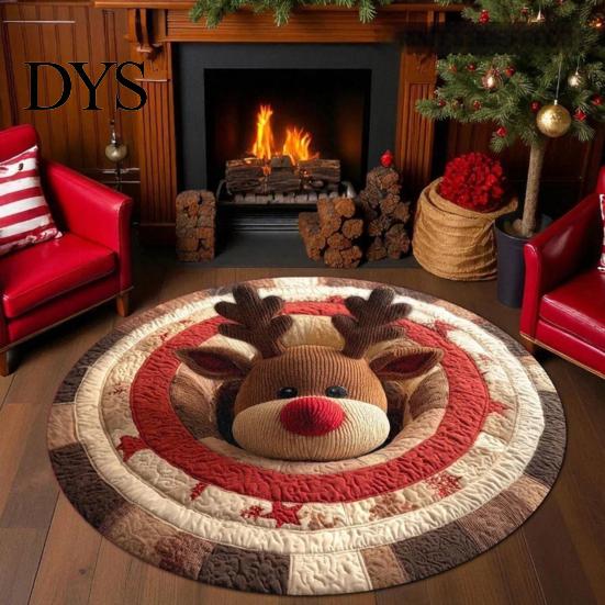 Cozy Indoor Floor Covering Christmas Round Rug, 3D Illusion Mat, Holiday Winter Carpet, Soft Gnome Deer Crystal Velvet Mat Santa House Festive Rug for