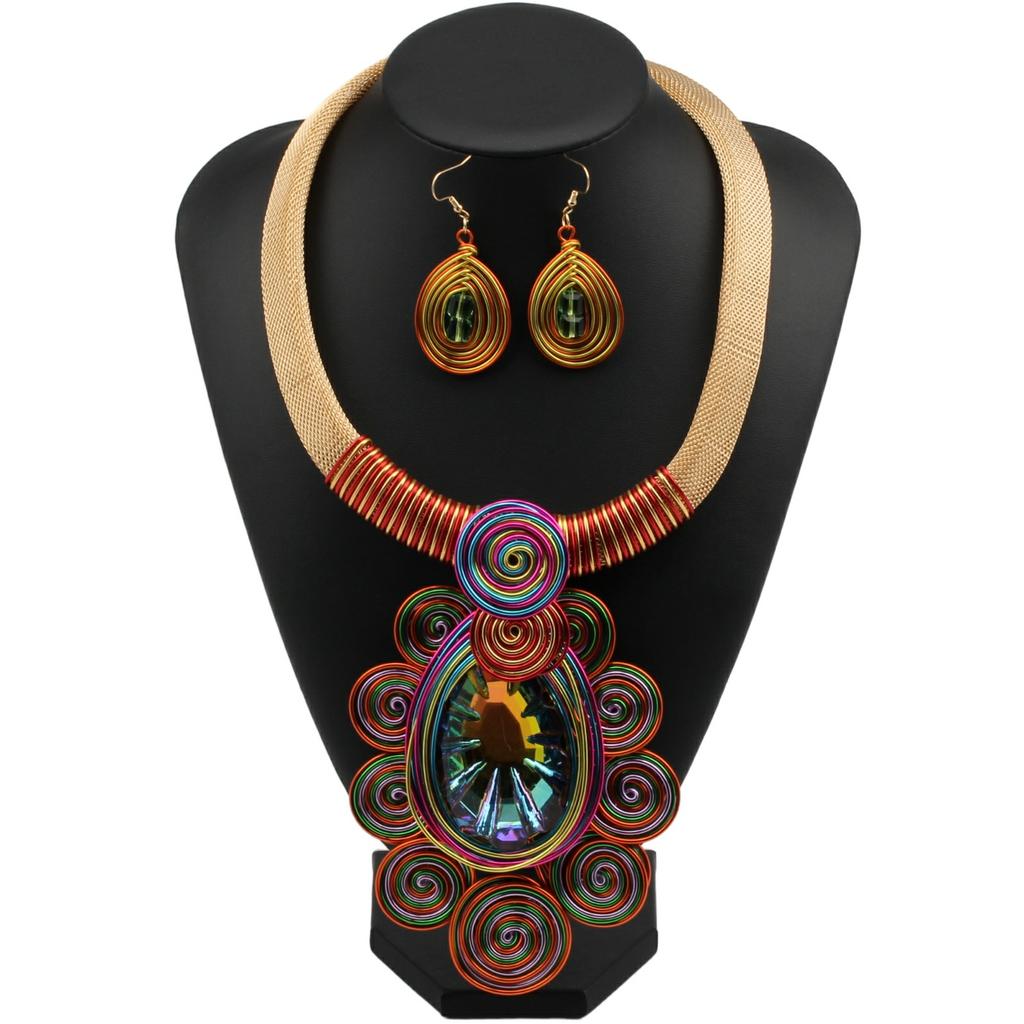 Crystal Pendant Necklace Earrings for Women Chunky Statement Flower Festival Ethnic Tribal Jewelry Accessories