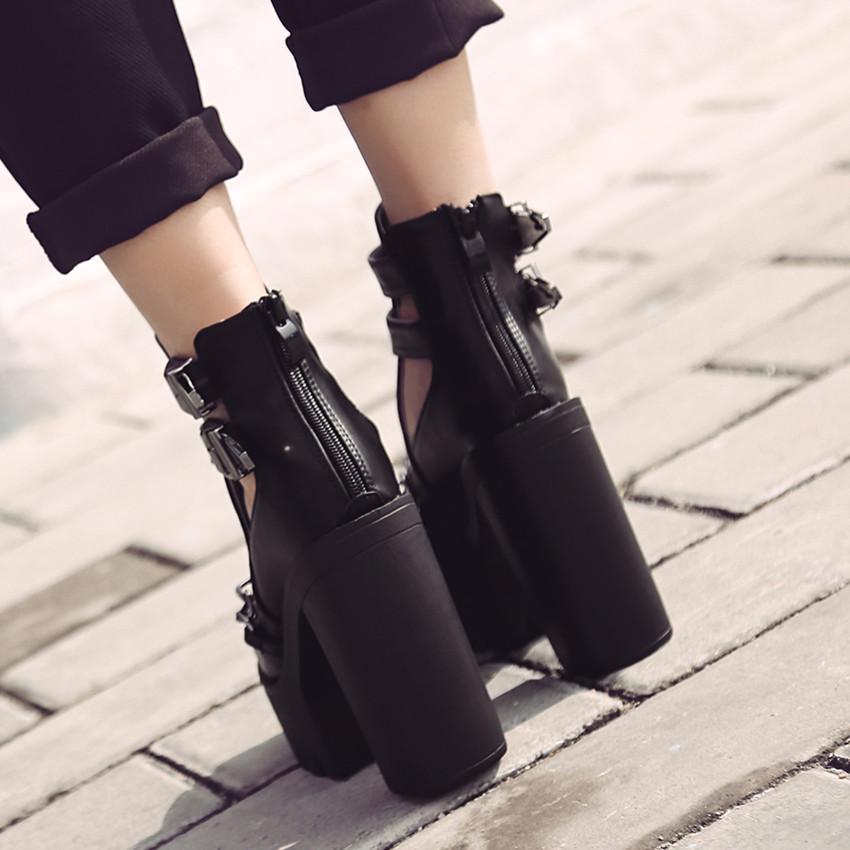Sexy Ankle Boots Women High Heels Casual Cut-outs Buckle Round Toe Chain Thick Heels Platform Shoes