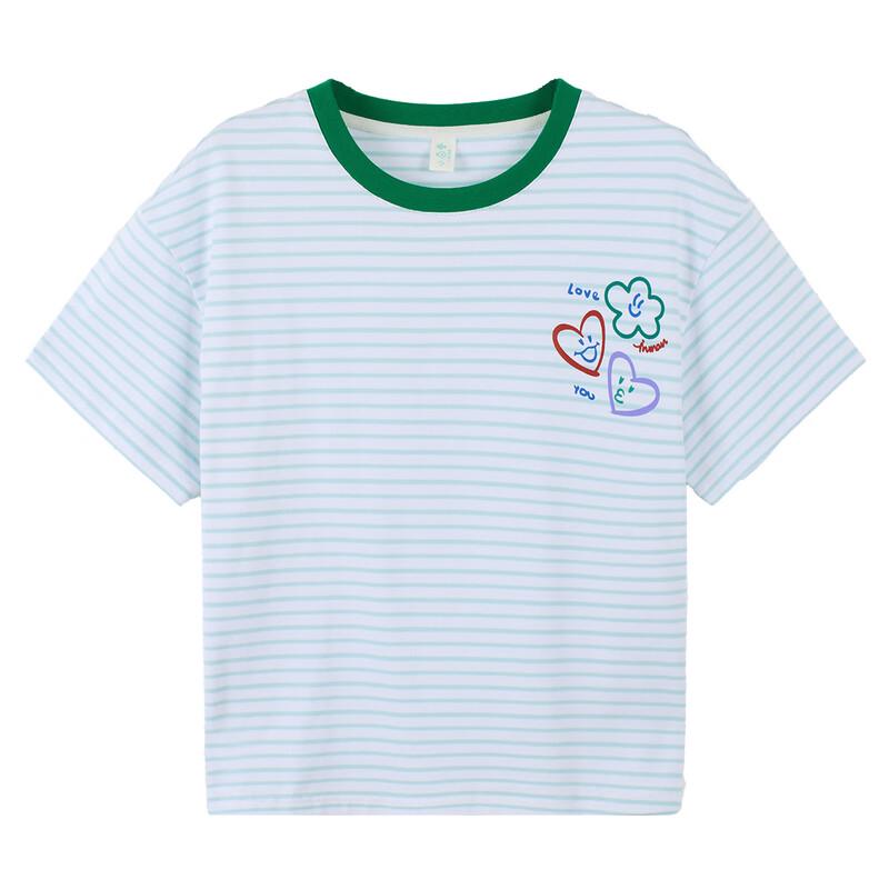Xiaoyinman Girls' Contrast Collar Striped Heart Print Short-Sleeve T-Shirt